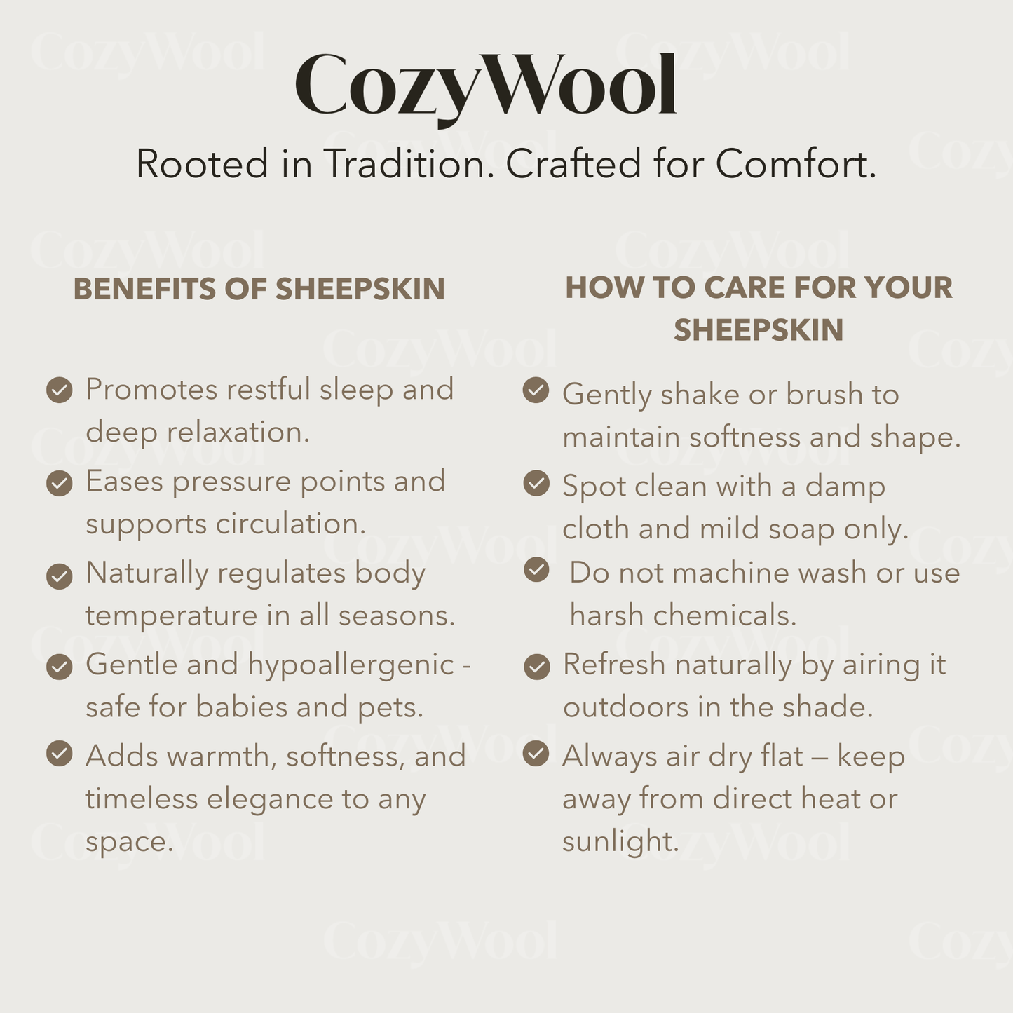 Care instructions and product details for a natural sheepskin rug