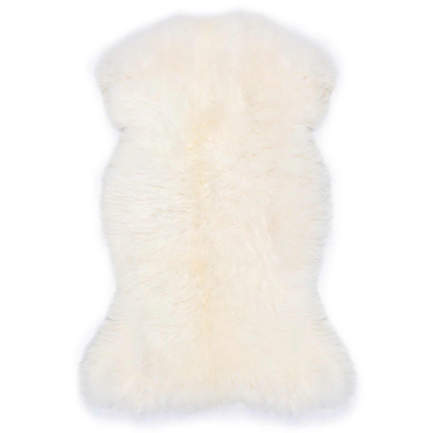 Full view of natural ivory sheepskin rug showing unique shape and soft wool texture 